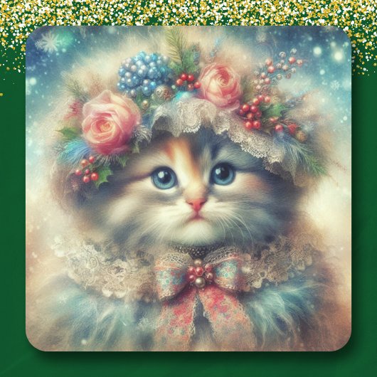 Shabby Chic Kerstkat Vierkante Sticker