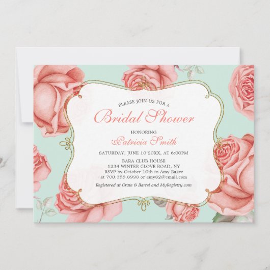 Shabby Chic Mint & Coral Bridal Shower Invitation (Devant)