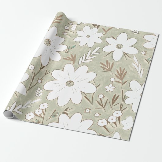 Shabby Chic Natuursteen Retro Daisy Patterned Cadeaupapier (Uitgerold)