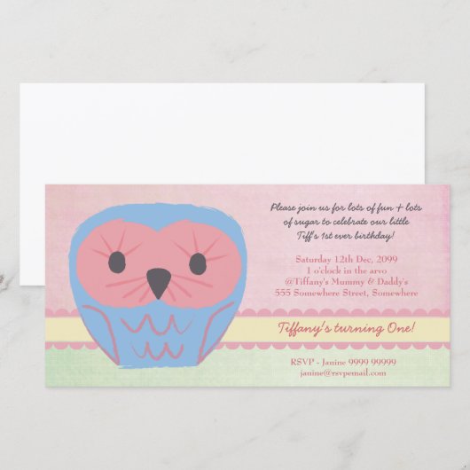 Shabby Chic Owl 1er anniversaire Invitation de fêt (Devant / Derrière)