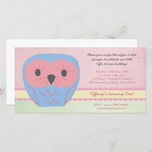 Shabby Chic Owl 1st Birthday Party nodigt uit (Voorkant / Achterkant)