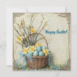  shabby chic paaseieren in mandje narcis feestdagenkaart