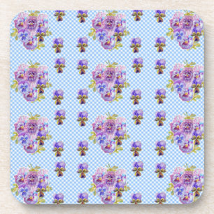 Shabby Chic Pansy Floral Blue Gingham Checks Bier Onderzetter