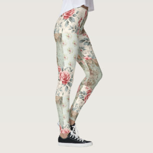 Shabby Chic Pastel Groene Bloemen Patchwork Leggings