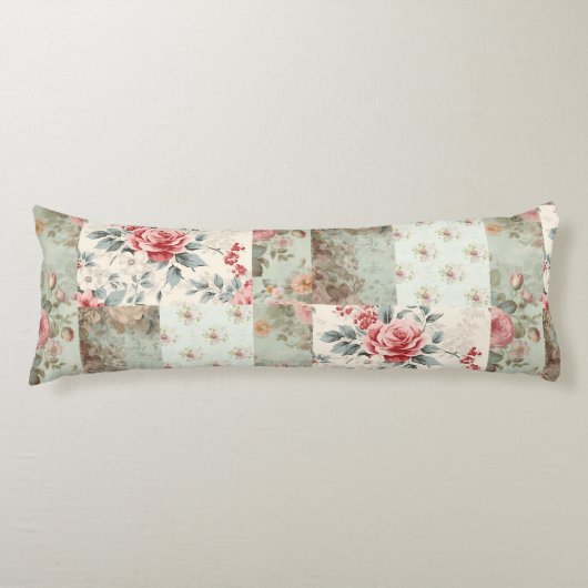  Shabby Chic Pastel Groene Bloemen Patchwork Lichaamskussen (Voorkant)
