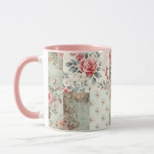 Shabby Chic Pastel Groene Bloemen Patchwork Mok