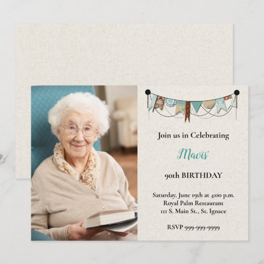 Shabby Chic Photo 90th Birthday Party Invitation (Devant / Derrière)