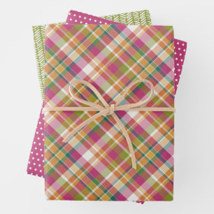 Shabby Chic Pink Oranje Green White Gingham Inpakpapier Vel