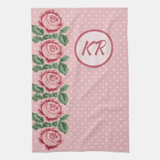 Shabby Chic Pink Polka Dot Monogrammed Theedoek (Verticaal)