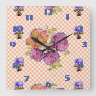 Shabby Chic Pink Roses Roos Floral Check Clock Vierkante Klok