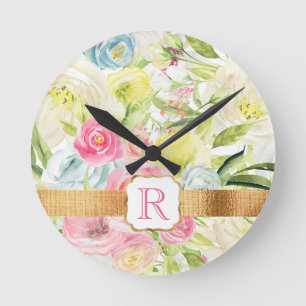 Shabby Chic  Pink Waterverf Roos Monogram Ronde Klok