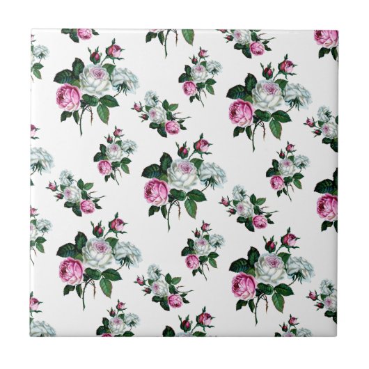 Shabby Chic Pink White Roses Pattern Tegeltje (Voorkant)