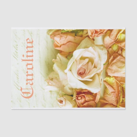 Shabby Chic Romantic Peach Rozen Persoonlijke naam Tissuepapier (Voorkant)