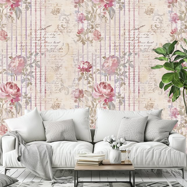 Shabby Chic Romantisch  Rozen Bloemenmotief Behang (Shabby Chic Romantic Vintage Roses Floral Pattern Wallpaper)