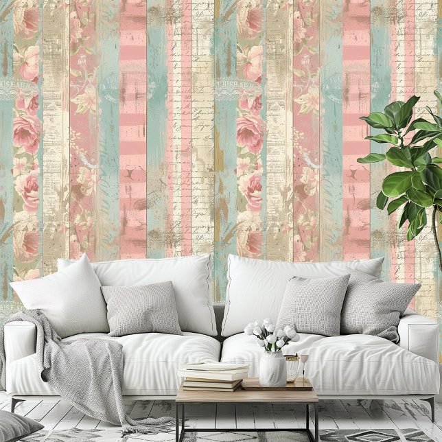 Shabby Chic Romantisch  Rozen Houten Patroon Behang (Shabby Chic Romantic Vintage Roses Wood Pattern Wallpaper)