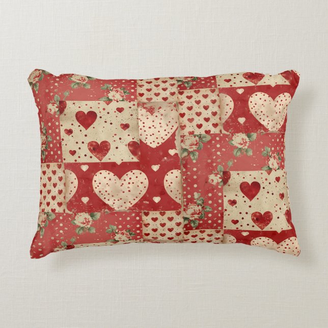  Shabby Chic Rood Patchwork Patroon Accent Kussen (Voorkant)