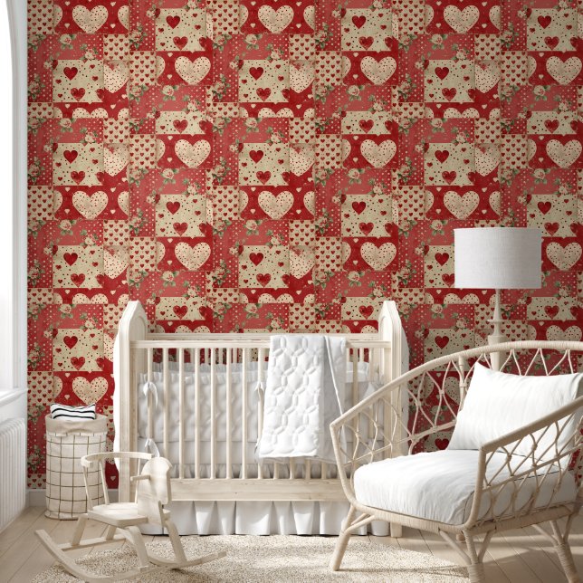 Shabby Chic Rood Patchwork Patroon Behang (Kinderen)