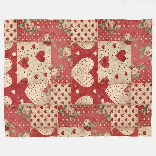 Shabby Chic Rood Patchwork Patroon Fleece Deken (Voorkant (Horizontaal))
