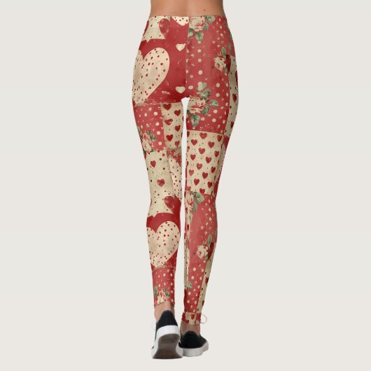 Shabby Chic Rood Patchwork Patroon Leggings (Achterkant)