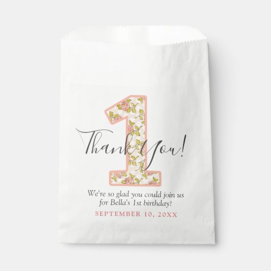 Shabby Chic Roos Bedankt 1e verjaardag Aangepast Bedankzakje (Voorkant)