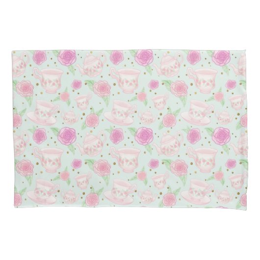 Shabby Chic Roos Tea Cups Patroon Kussensloop (Voorkant)