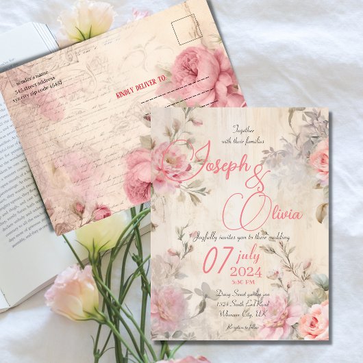 shabby chic roze bruiloft Briefkaart