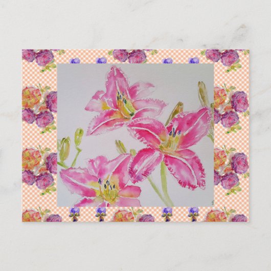 Shabby Chic roze lelie bloem bloemen geruite rozen Briefkaart (Voorkant)