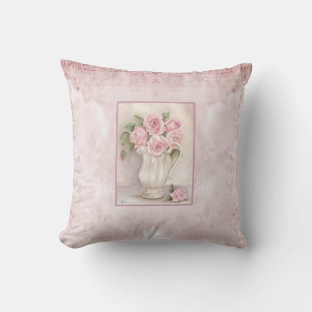 Shabby Chic  Roze Rozen in Vase Kussen (Voorkant)