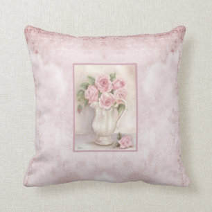 Shabby Chic  Roze Rozen in Vase Kussen