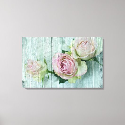 Shabby Chic roze rozen op blauw hout Canvas Afdruk (Voorkant)