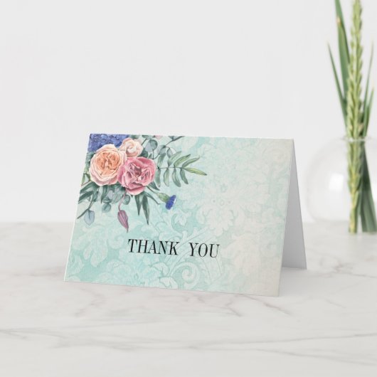 Shabby Chic Rozen Groene Damask Bruiloft Bedankkaart (Voorkant)