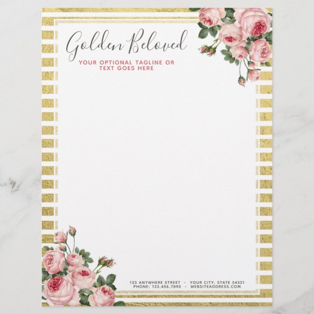 Shabby Chic  Rozen & Modern Gold Stripes Briefhoofd (Voorkant)