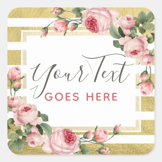 Shabby Chic Rozen & Modern Gold Stripes Vierkante Sticker (Voorkant)