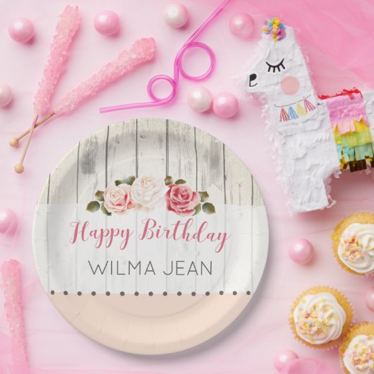 Shabby Chic Rozen Rustiek Hout Aangepaste Verjaard Papieren Bordje (Feest)