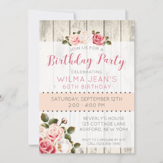 Shabby Chic Rozen Rustiek Wood Verjaardagsuitnodig Kaart (Voorkant)