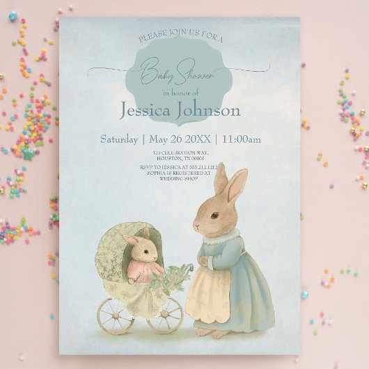 Shabby Chic Spring Rabbit Baby shower Kaart
