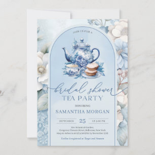 Shabby chic stoffig blauw en wit bruids thee party kaart