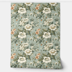 Shabby chic stoffige groene witte bloemetjes behang