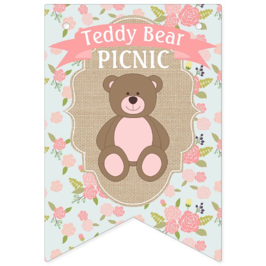 Shabby Chic Verjaardagsbanner Teddy Bear Picnic Vlaggetjes (Eerste vlag)