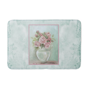 Shabby Chic  Victoriaans Roze Rozen op Blauwgroen Badmat