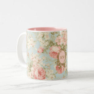Shabby Chic Vintage Roze Rozen Bloemige Monogram Tweekleurige Koffiemok