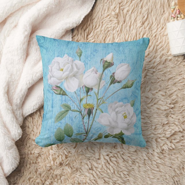  Shabby Chic Witte Rozen op Blauw Kussen (Deken)