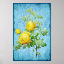  Shabby Chic Yellow Roses op blauw hout Poster