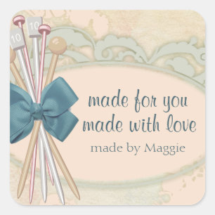 Shabby chique breinaalden strik kant vierkante sticker