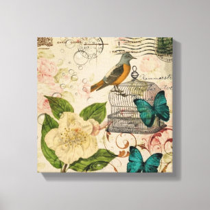 shabby elegance florale vogel frans botanisch canvas afdruk