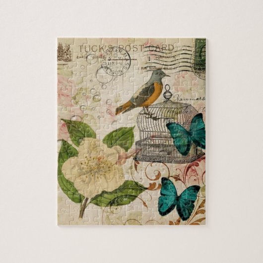 shabby elegance florale vogel frans botanisch legpuzzel (Verticaal)