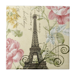 shabby elegance yellow roze floral eiffel tower tegeltje