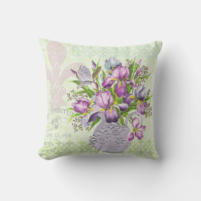  Shabby Purple Flowers Whimsical Green Kussen (Voorkant)