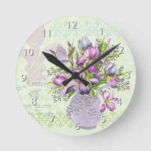 Shabby Purple Flowers Whimsical Green Ronde Klok