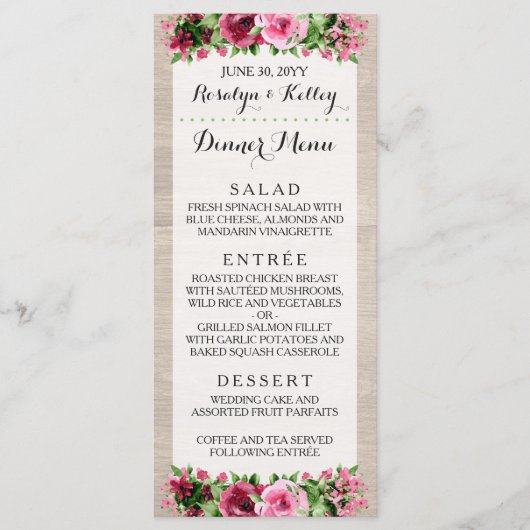 Shabby  Rozen Rustiek Bruiloft Diner Menu (Voorkant)